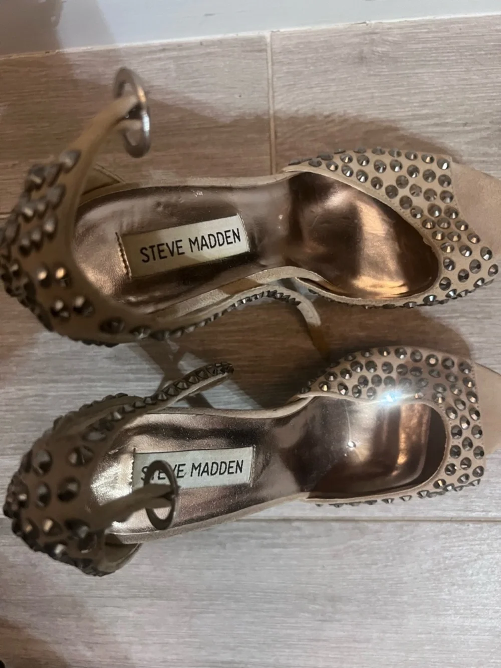 Steve Madden Gold Studded Open-Toe Ankle-Strap Heels - Picture 3 of 6